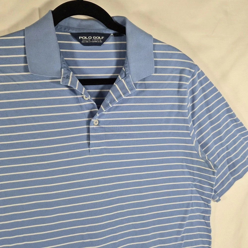 Polo Golf Ralph Lauren Men's Medium Blue White Striped Polo Shirt Short..